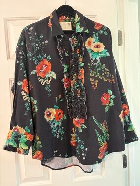R13 Useless Treasures Black Floral Ruffle Button-Down Shirt xxs